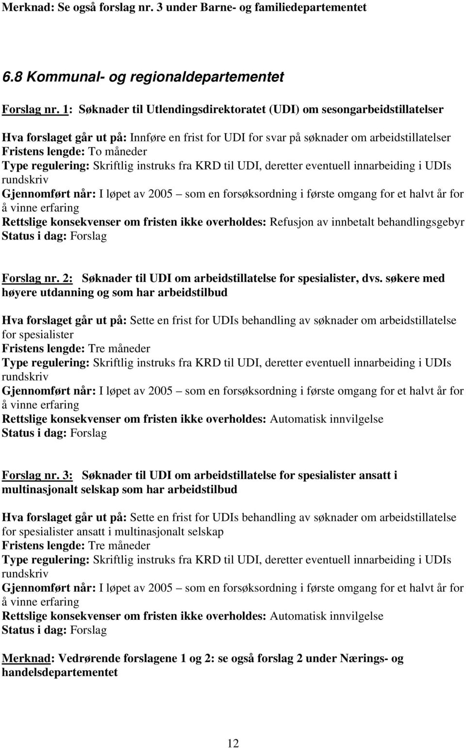 regulering: Skriftlig instruks fra KRD til UDI, deretter eventuell innarbeiding i UDIs rundskriv Gjennomført når: I løpet av 2005 som en forsøksordning i første omgang for et halvt år for å vinne