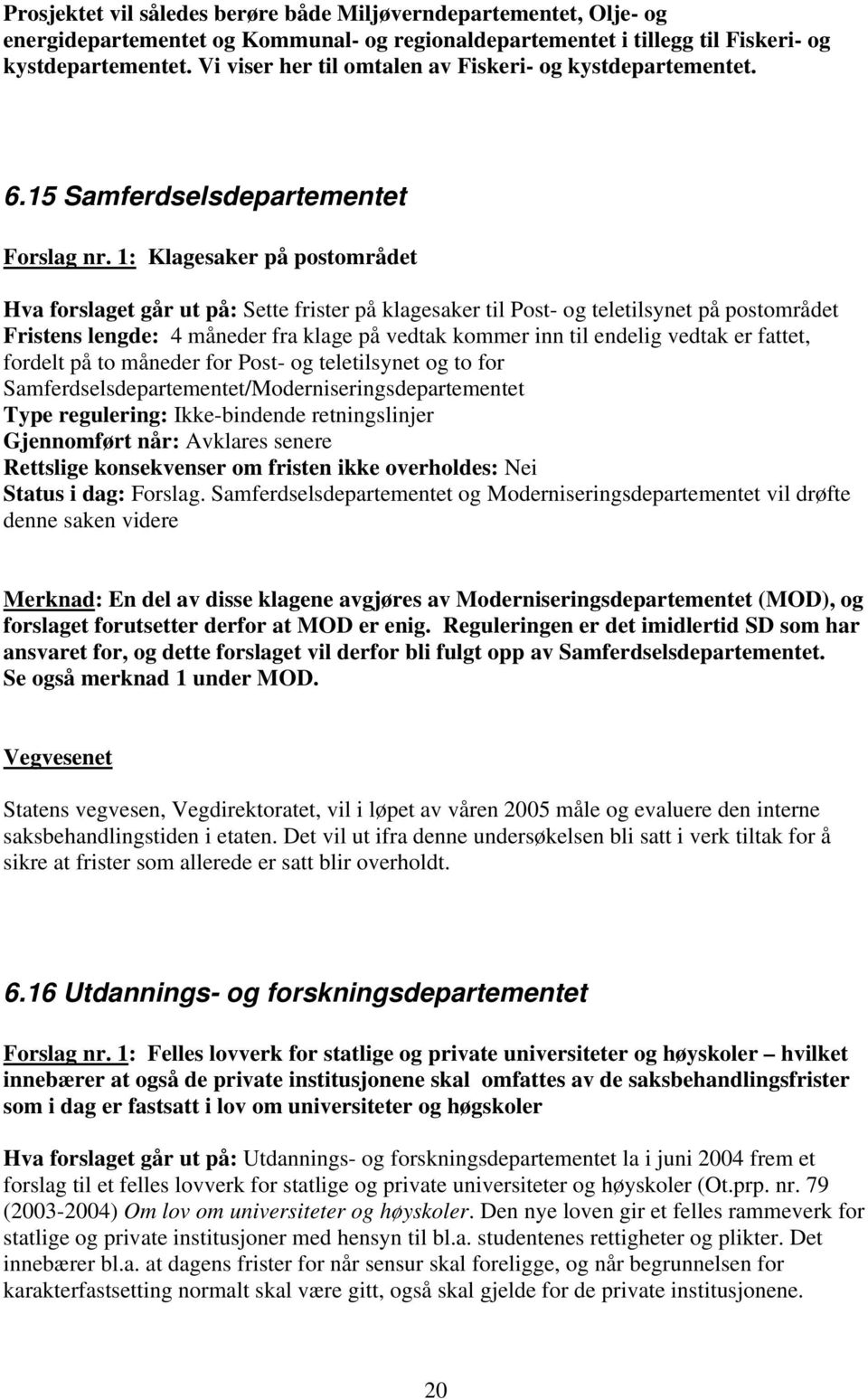 1: Klagesaker på postområdet Hva forslaget går ut på: Sette frister på klagesaker til Post- og teletilsynet på postområdet Fristens lengde: 4 måneder fra klage på vedtak kommer inn til endelig vedtak