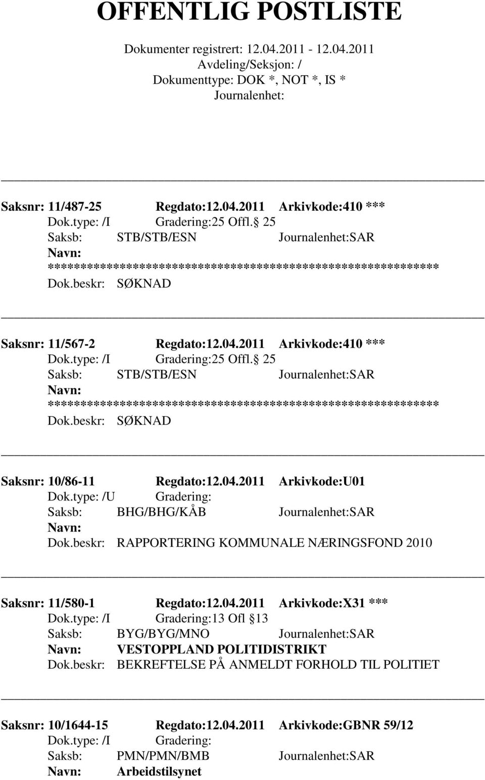 beskr: BEKREFTELSE PÅ ANMELDT FORHOLD TIL POLITIET Saksnr: 10/1644-15 Regdato:12.04.