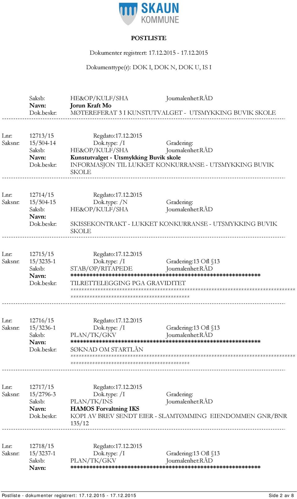 type: /N Gradering: SKISSEKONTRAKT - LUKKET KONKURRANSE - UTSMYKKING BUVIK SKOLE Lnr: 12715/15 Regdato:17.12.2015 Saksnr: 15/3235-1 Dok.