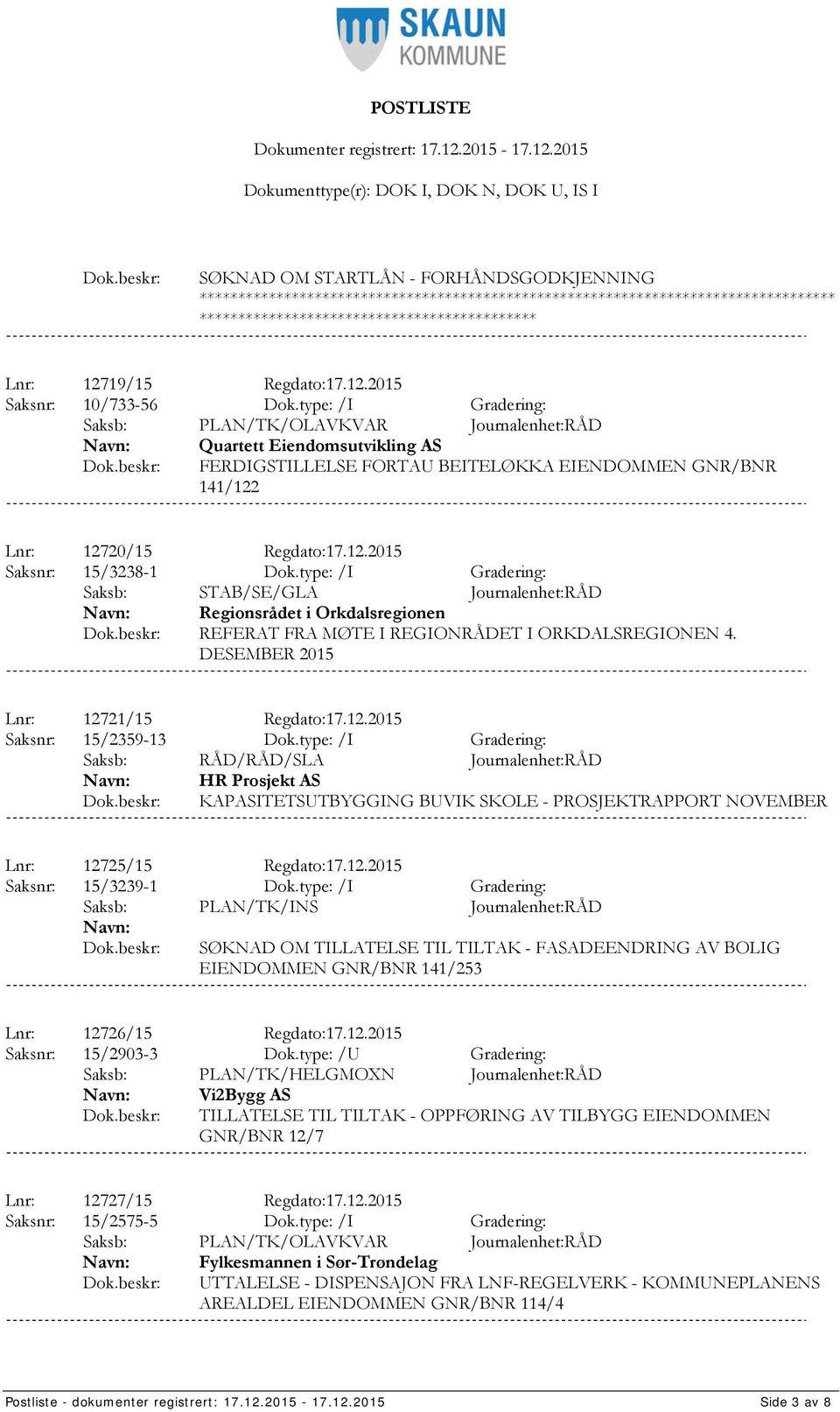 type: /I Gradering: Saksb: STAB/SE/GLA Journalenhet:RÅD Regionsrådet i Orkdalsregionen REFERAT FRA MØTE I REGIONRÅDET I ORKDALSREGIONEN 4. DESEMBER 2015 Lnr: 12721/15 Regdato:17.12.2015 Saksnr: 15/2359-13 Dok.