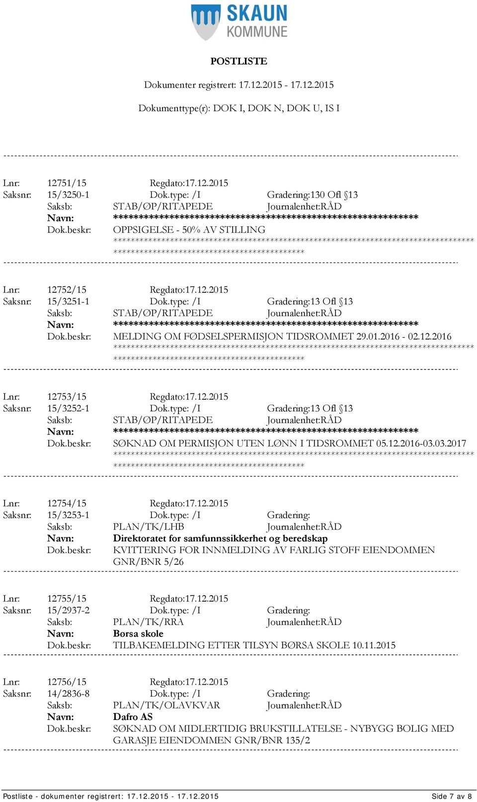 type: /I Gradering:13 Ofl 13 Saksb: STAB/ØP/RITAPEDE Journalenhet:RÅD **************** SØKNAD OM PERMISJON UTEN LØNN I TIDSROMMET 05.12.2016-03.03.2017 Lnr: 12754/15 Regdato:17.12.2015 Saksnr: 15/3253-1 Dok.