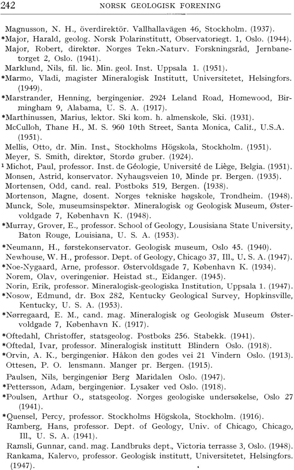 *Marmo, Vladi, magister Mineralogisk Institutt, Universitetet, Helsingfors. (1949). *Marstrander, Henning, bergingeniør. 2924 Leland Road, Homewood, Birmingham 9, Alabama, U. S. A. (1917).