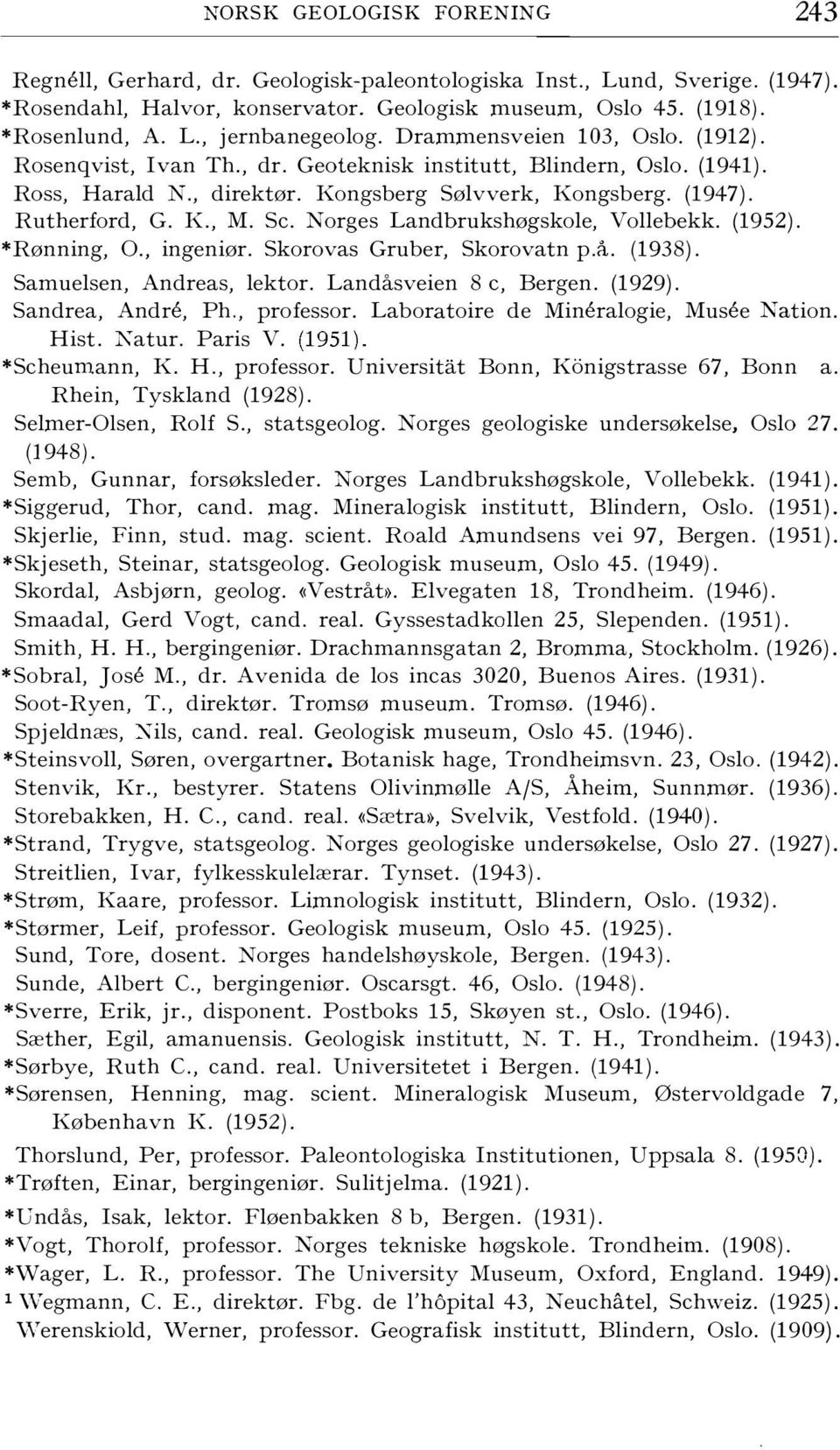 Norges Landbrukshøgskole, Vollebekk. (1952). *Rønning, 0., ingeniør. Skorovas Gruber, Skorovatn p.å. (1938). Samuelsen, Andreas, lektor. Landåsveien 8 c, Bergen. (1929). Sandrea, Andre, Ph.