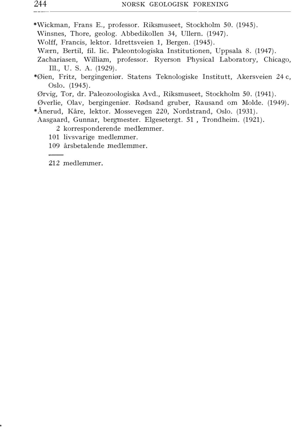 *Øien, Fritz, bergingeniør. Statens Teknologiske Institutt, Akersveien 24 c, Oslo. (1945). Ørvig, Tor, dr. Paleozoologiska Avd., Riksmuseet, Stockholm 50. (1941). Øverlie, Olav, bergingeniør.