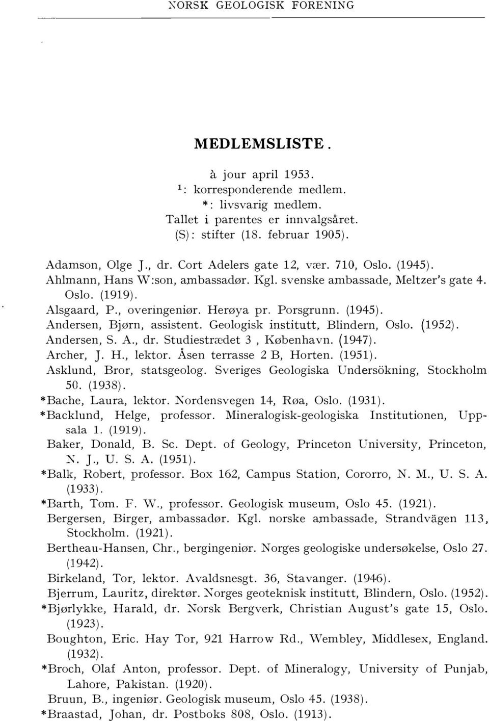 Geologisk institutt, Blindern, Oslo. (1952). Andersen, S. A., dr. Studiestrædet 3, København. (1947). Archer, J. H., lektor. Asen terrasse 2 B, Horten. (1951). Asklund, Bror, statsgeolog.