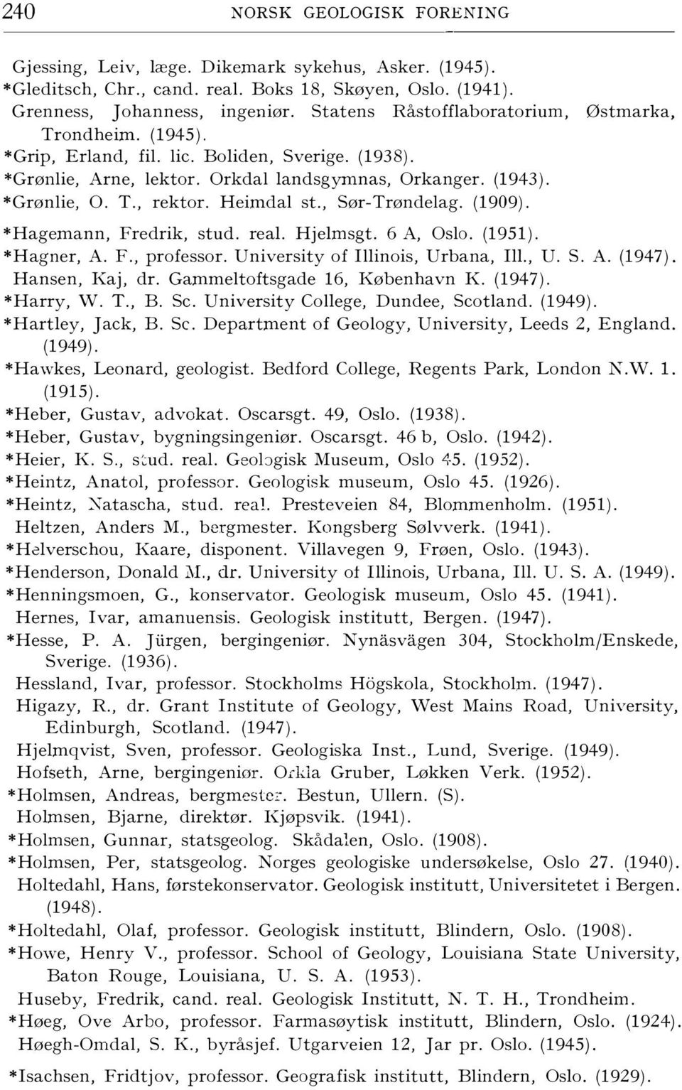 Heimdal st., Sør-Trøndelag. (1909). *Hagemann, Fredrik, stud. real. Hjelmsgt. 6 A, Oslo. (1951). *Hagner, A. F., professor. University of Illinois, Urbana, Ill., U. S. A. (1947). Hansen, Kaj, dr.