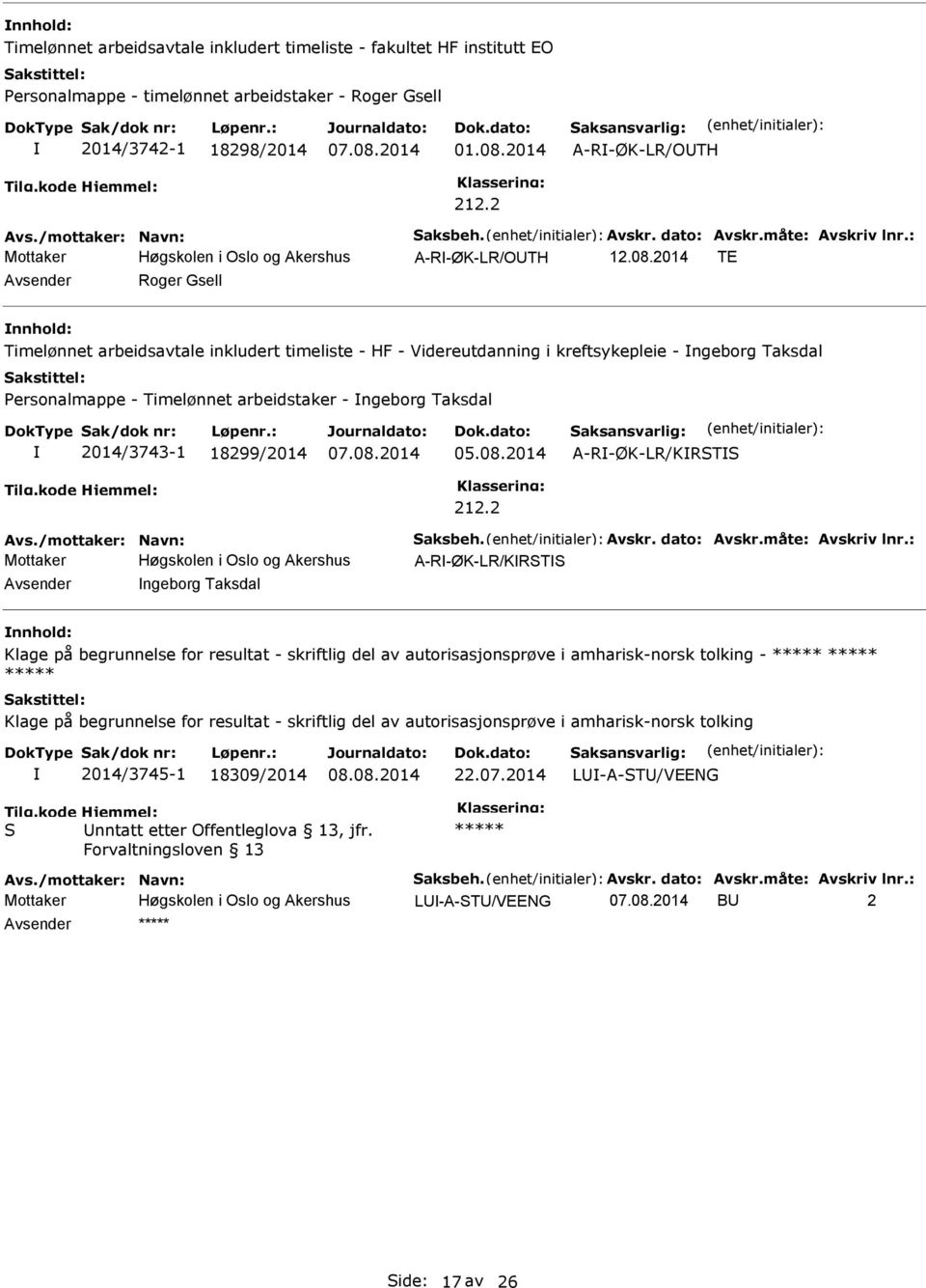 2014 TE Roger Gsell Timelønnet arbeidsavtale inkludert timeliste - HF - Videreutdanning i kreftsykepleie - ngeborg Taksdal Personalmappe - Timelønnet arbeidstaker - ngeborg Taksdal 2014/3743-1