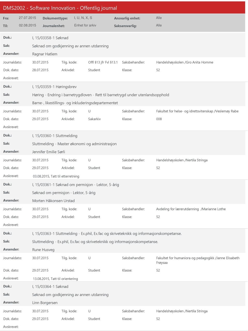 helse- og idrettsvitenskap /Veslemøy Rabe Dok. dato: 29.07.2015 Arkivdel: Sakarkiv 008 