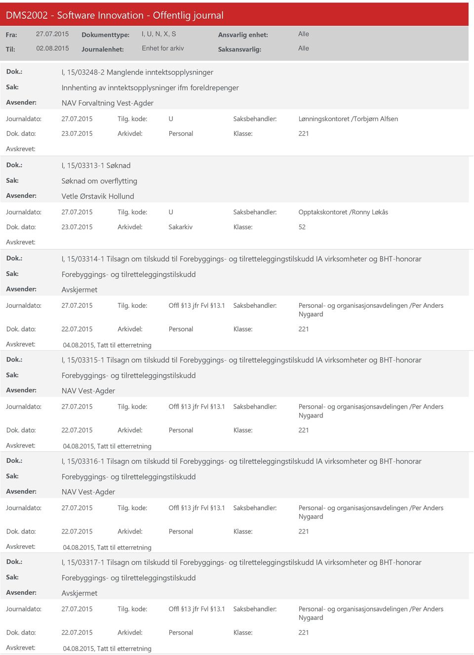 kode: Opptakskontoret /Ronny Løkås Dok. dato: 23.07.2015 Arkivdel: Sakarkiv I, 15/03314-1 Tilsagn om tilskudd til IA virksomheter og BHT-honorar Journaldato: Tilg.