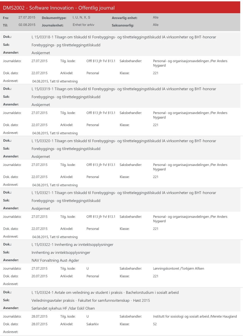 kode: I, 15/03321-1 Tilsagn om tilskudd til IA virksomheter og BHT-honorar Journaldato: Tilg.