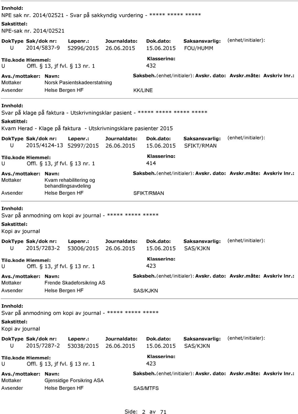 : Mottaker Norsk asientskadeerstatning KK/LNE Svar på klage på faktura - tskrivningsklar pasient - ***** ***** ***** ***** Kvam Herad - Klage på faktura - tskrivningsklare pasienter 2015 2015/4124-13