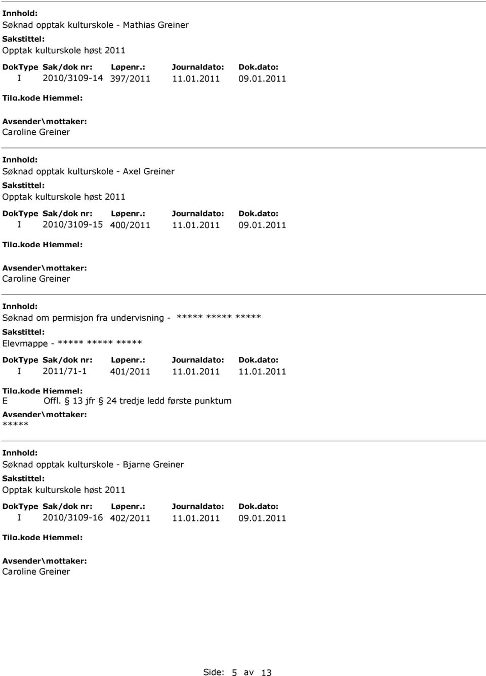 01.2011 Caroline Greiner nnhold: Søknad om permisjon fra undervisning - levmappe - 2011/71-1 401/2011 Offl.