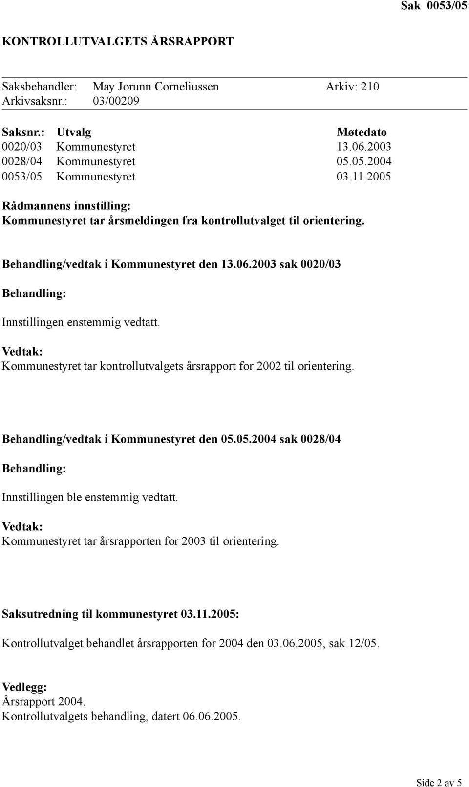 Vedtak: Kommunestyret tar kontrollutvalgets årsrapport for 2002 til orientering. Behandling/vedtak i Kommunestyret den 05.05.2004 sak 0028/04 Behandling: Innstillingen ble enstemmig vedtatt.