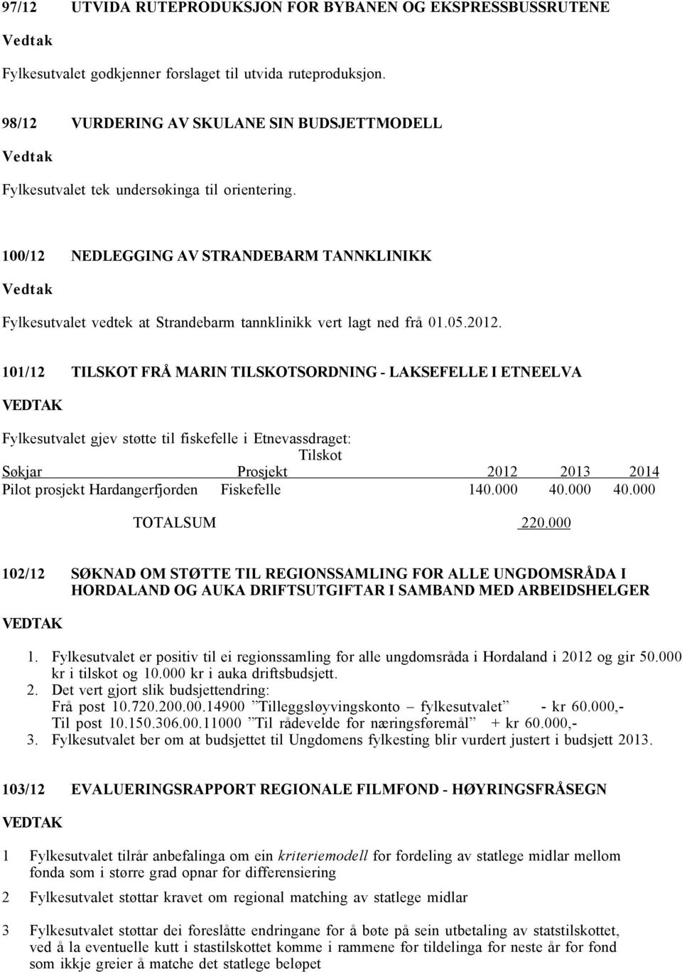 100/12 NEDLEGGING AV STRANDEBARM TANNKLINIKK Fylkesutvalet vedtek at Strandebarm tannklinikk vert lagt ned frå 01.05.2012.