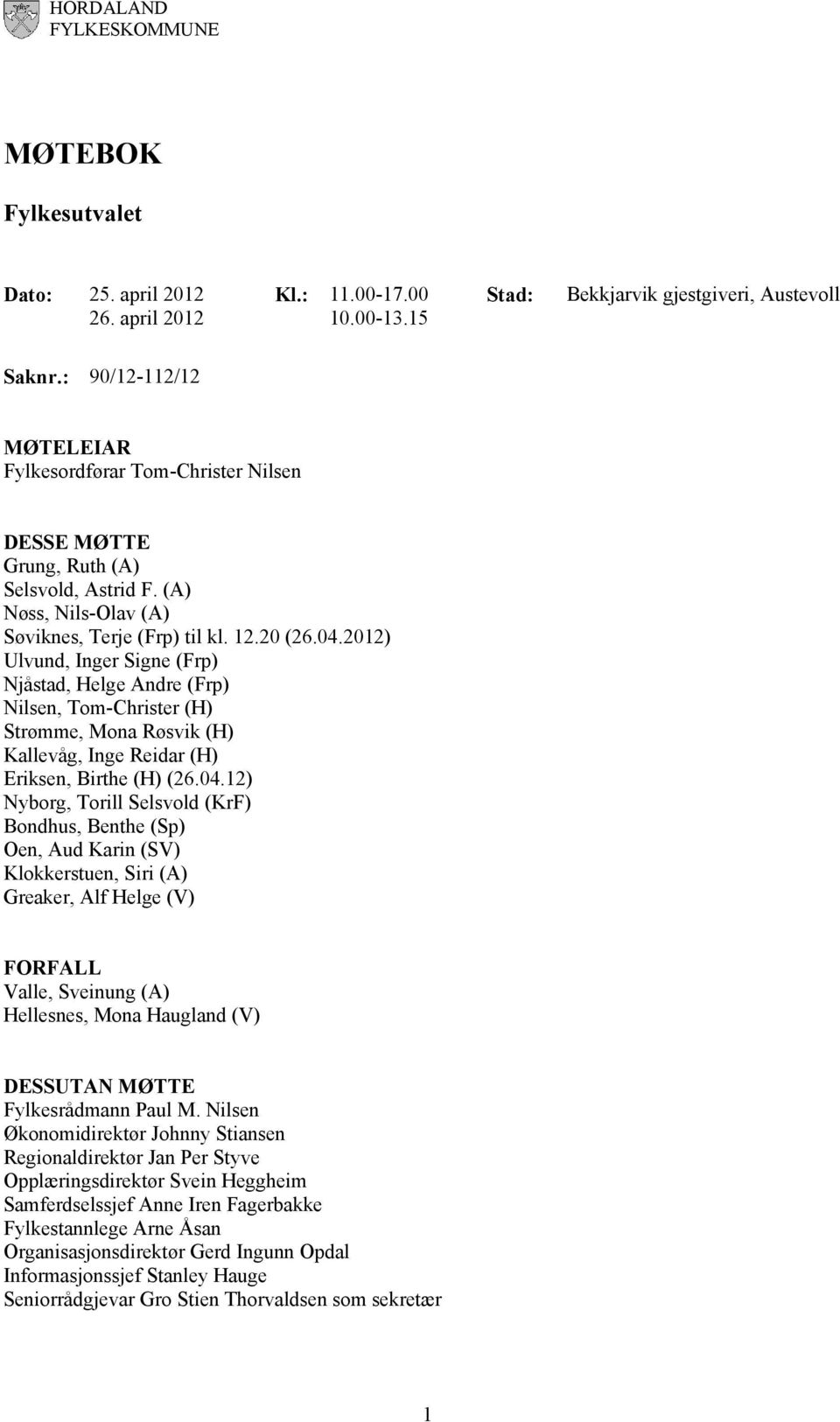 2012) Ulvund, Inger Signe (Frp) Njåstad, Helge Andre (Frp) Nilsen, Tom-Christer (H) Strømme, Mona Røsvik (H) Kallevåg, Inge Reidar (H) Eriksen, Birthe (H) (26.04.