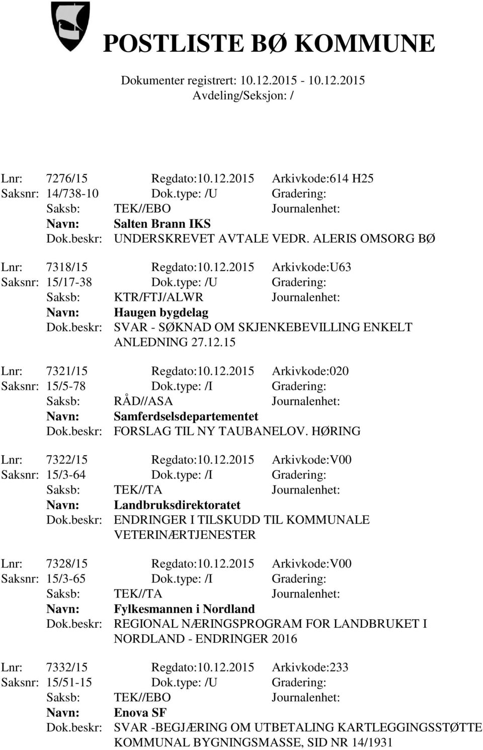 12.2015 Arkivkode:020 Saksnr: 15/5-78 Dok.type: /I Gradering: Navn: Samferdselsdepartementet Dok.beskr: FORSLAG TIL NY TAUBANELOV. HØRING Lnr: 7322/15 Regdato:10.12.2015 Arkivkode:V00 Saksnr: 15/3-64 Dok.