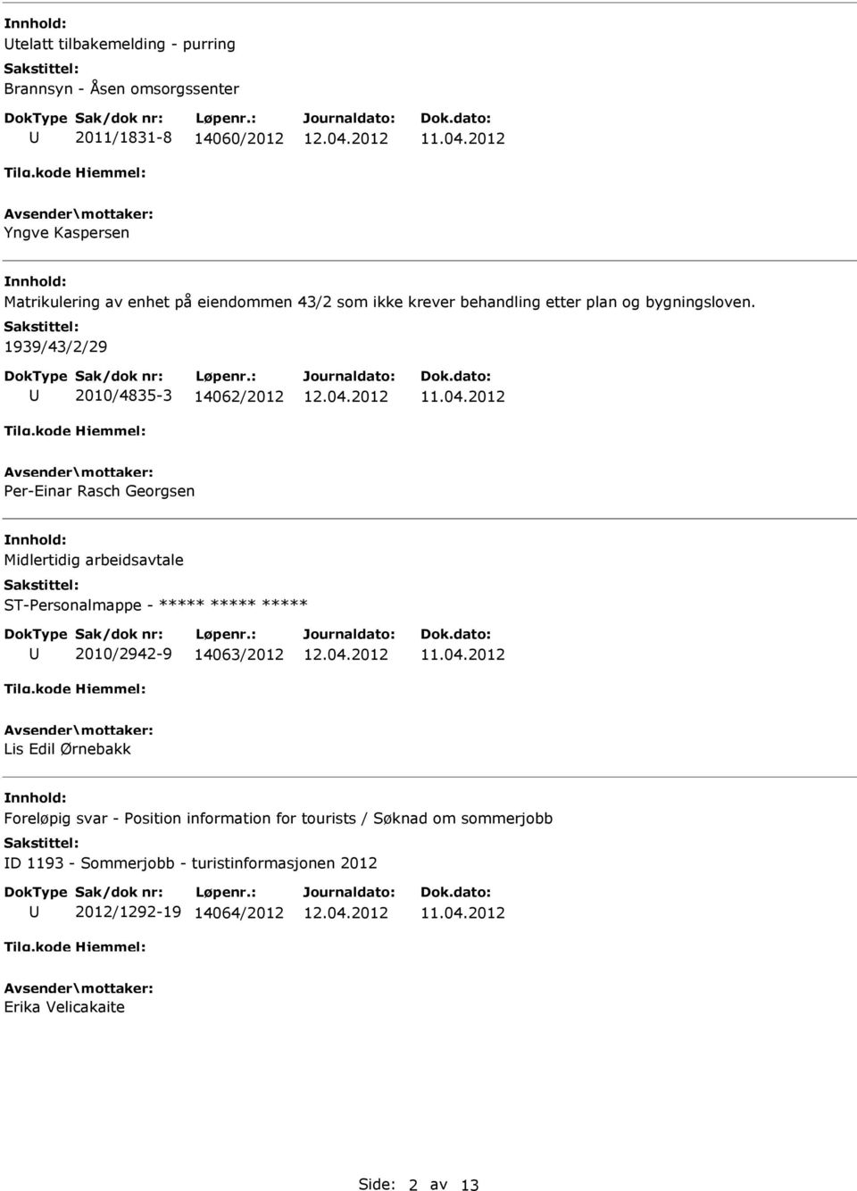 1939/43/2/29 2010/4835-3 14062/2012 Per-Einar Rasch Georgsen Midlertidig arbeidsavtale ST-Personalmappe - ***** ***** *****