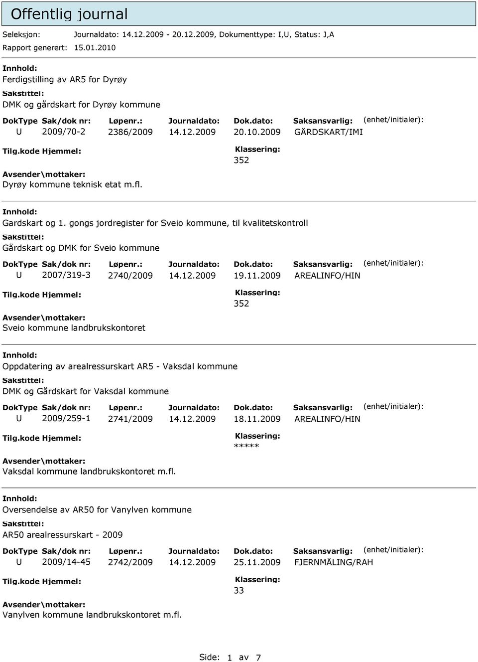 2009 AREALNFO/HN Sveio kommune landbrukskontoret Oppdatering av arealressurskart AR5 - Vaksdal kommune DMK og Gårdskart for Vaksdal kommune 2009/259-1 2741/2009 18.11.