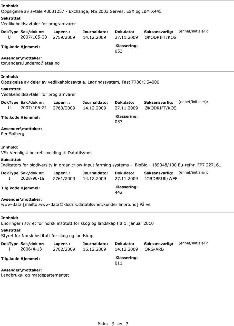 2009 ØKODRFT/KOS 053 Per Solberg VS: Vennligst bekreft melding til Datatilsynet ndicators for biodiversity in organic/low-input farming systems - BioBio - 189048/100 Eu-refnr.