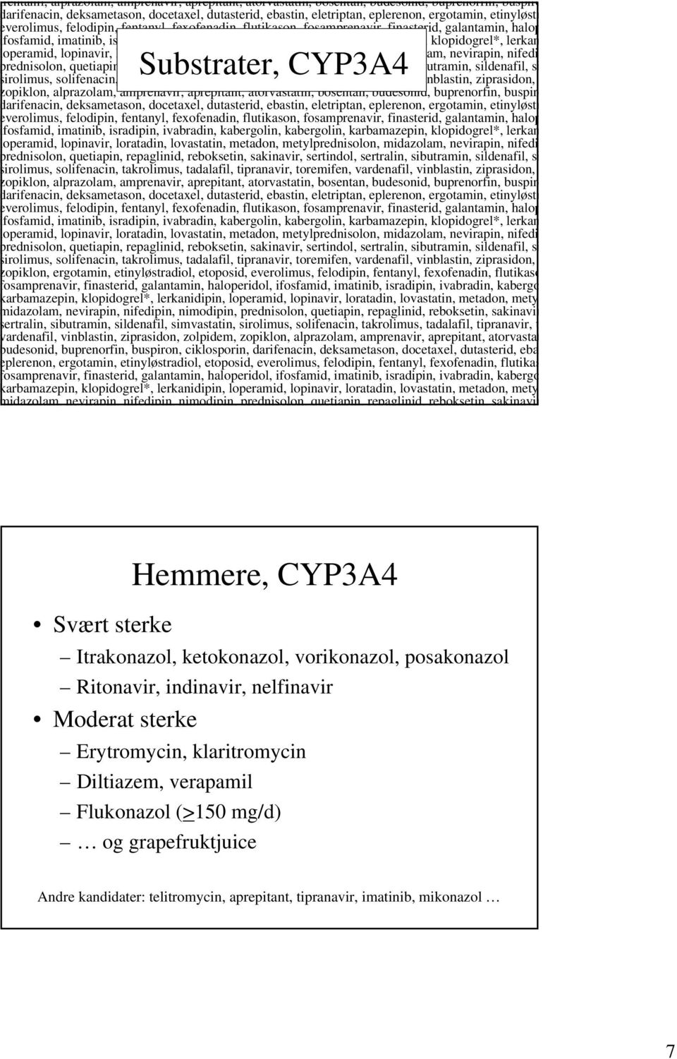 klopidogrel*, lerkan loperamid, lopinavir, loratadin, lovastatin, metadon, metylprednisolon, midazolam, nevirapin, nifedi prednisolon, quetiapin, repaglinid, Substrater, reboksetin, sakinavir, CYP3A4