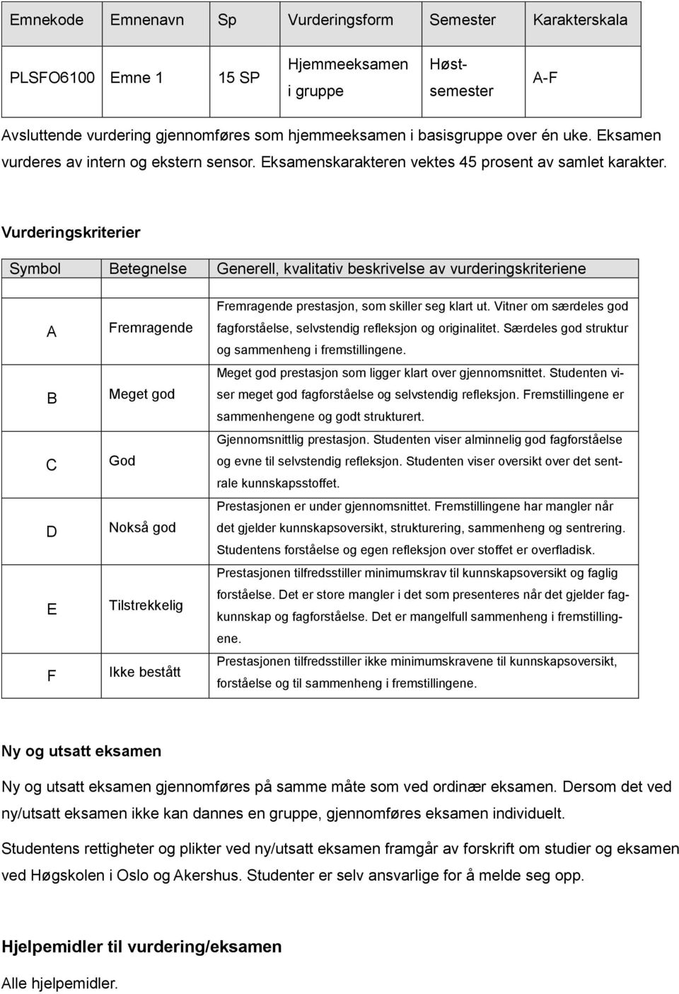 Vurderingskriterier Symbol Betegnelse Generell, kvalitativ beskrivelse av vurderingskriteriene A B C D E F Fremragende Meget god God Nokså god Tilstrekkelig Ikke bestått Fremragende prestasjon, som