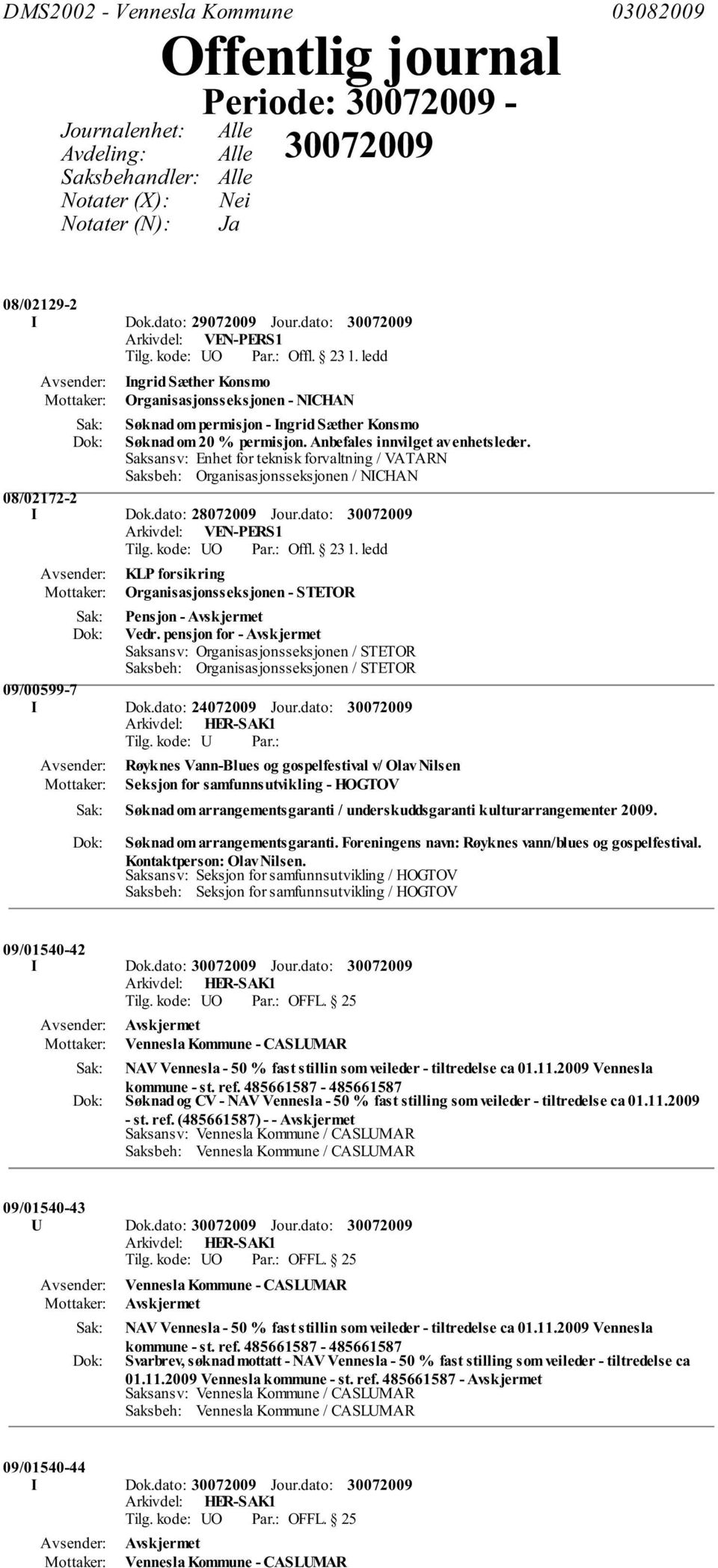 Anbefales innvilget av enhetsleder. Saksansv: Enhet for teknisk forvaltning / VATARN Saksbeh: Organisasjonsseksjonen / NICHAN 08/02172-2 I Dok.dato: 28072009 Jour.dato: Arkivdel: VEN-PERS1 Tilg.