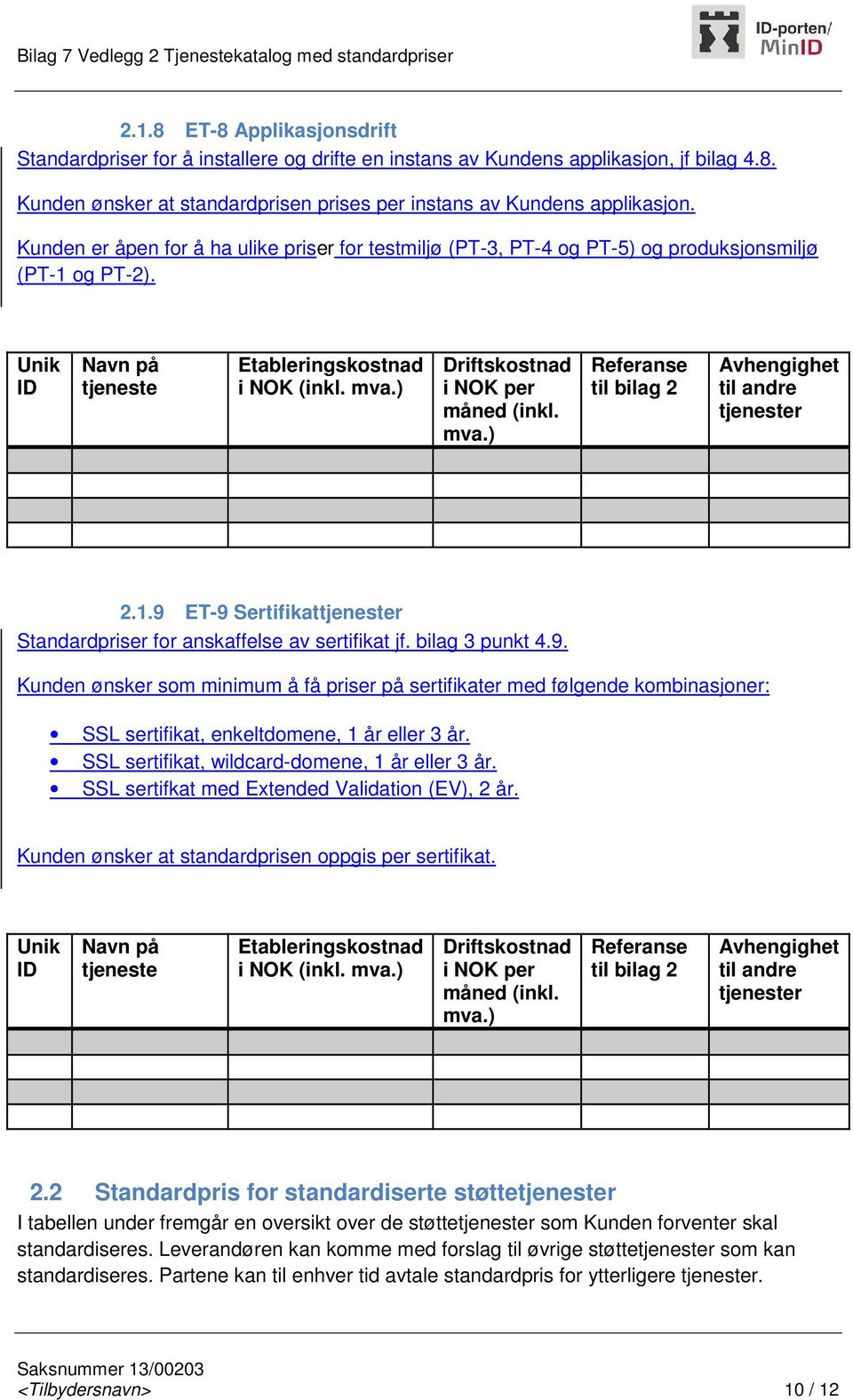 ET-9 Sertifikat Standardpriser for anskaffelse av sertifikat jf. bilag 3 punkt 4.9. Kunden ønsker som minimum å få priser på sertifikater med følgende kombinasjoner: SSL sertifikat, enkeltdomene, 1 år eller 3 år.