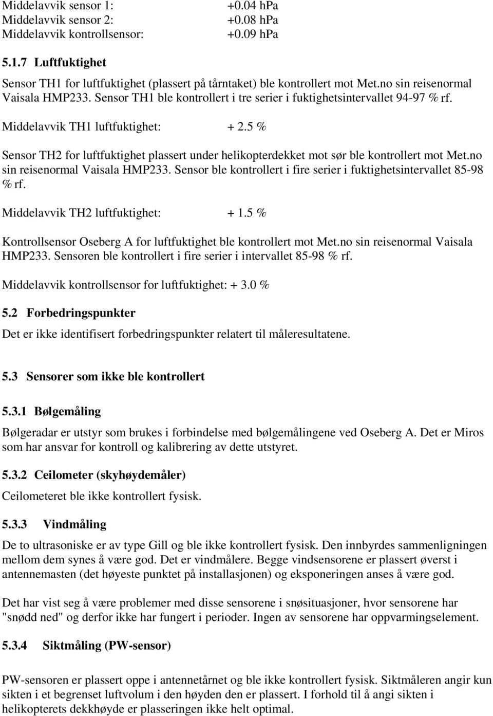 5 % Sensor TH2 for luftfuktighet plassert under helikopterdekket mot sør ble kontrollert mot Met.no sin reisenormal Vaisala HMP233.