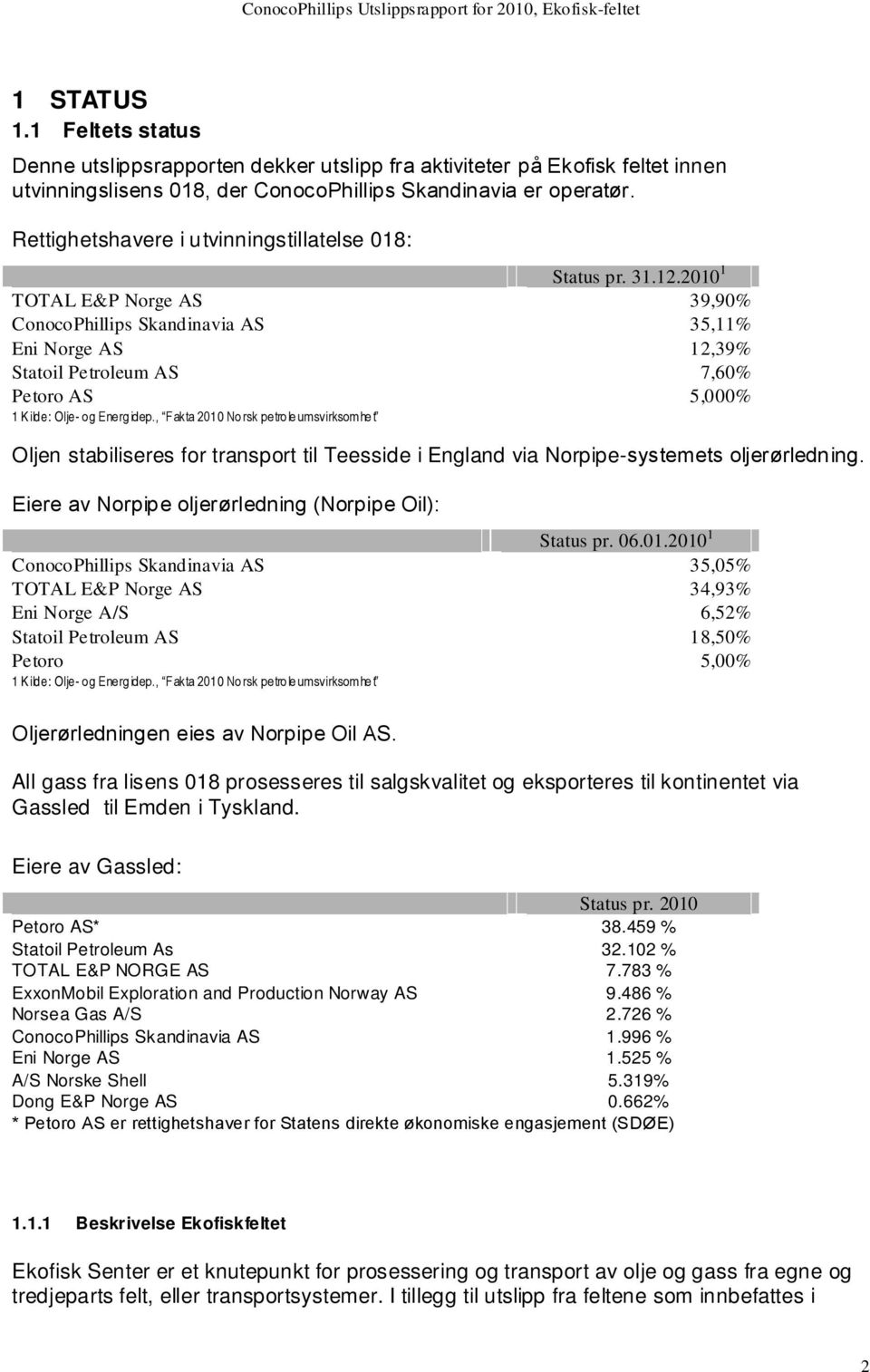 2010 1 TOTAL E&P Norge AS 39,90% ConocoPhillips Skandinavia AS 35,11% Eni Norge AS 12,39% Statoil Petroleum AS 7,60% Petoro AS 5,000% 1 K ilde: Olje- og Energ idep.