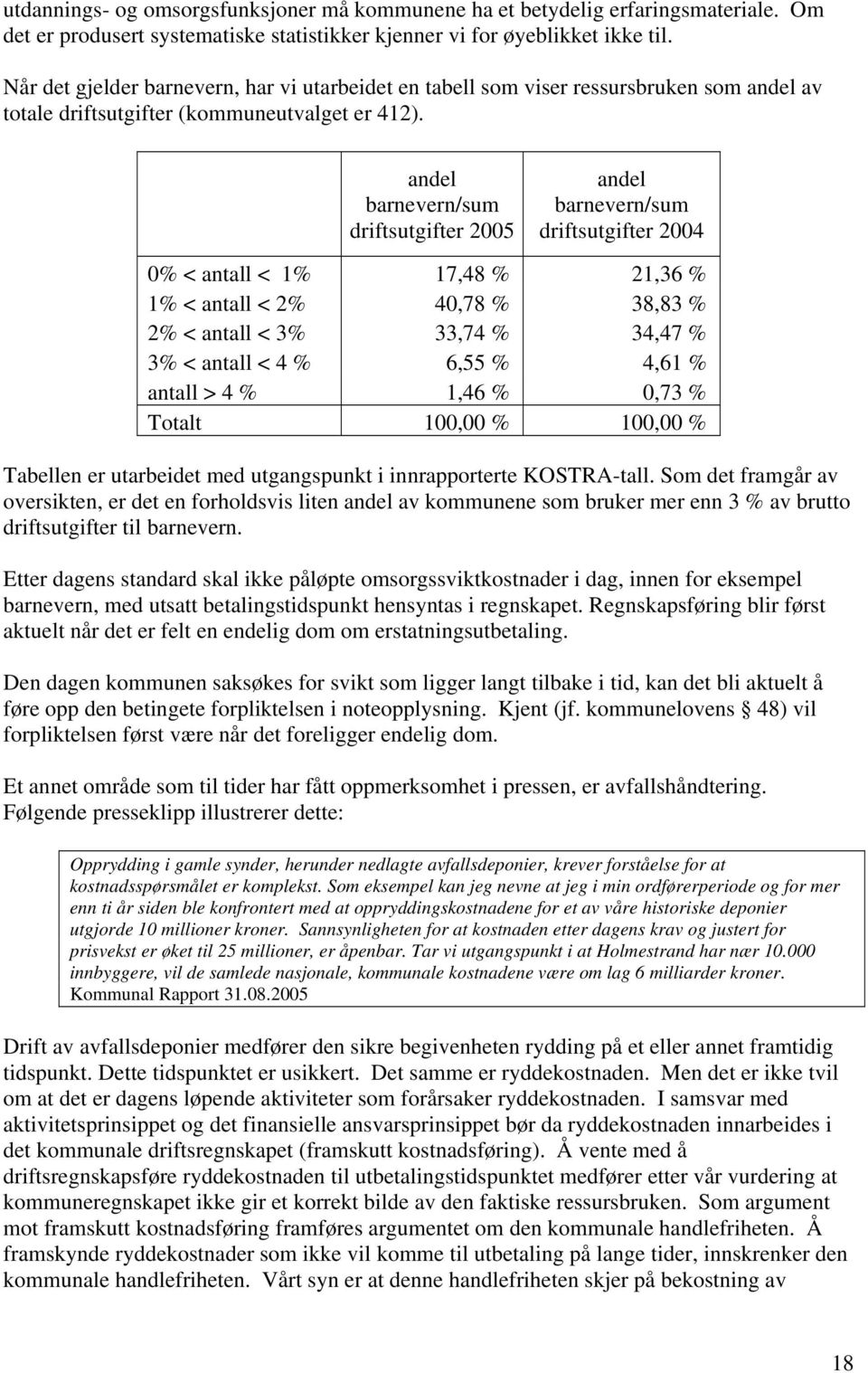 andel barnevern/sum driftsutgifter 2005 andel barnevern/sum driftsutgifter 2004 0% < antall < 1% 17,48 % 21,36 % 1% < antall < 2% 40,78 % 38,83 % 2% < antall < 3% 33,74 % 34,47 % 3% < antall < 4 %