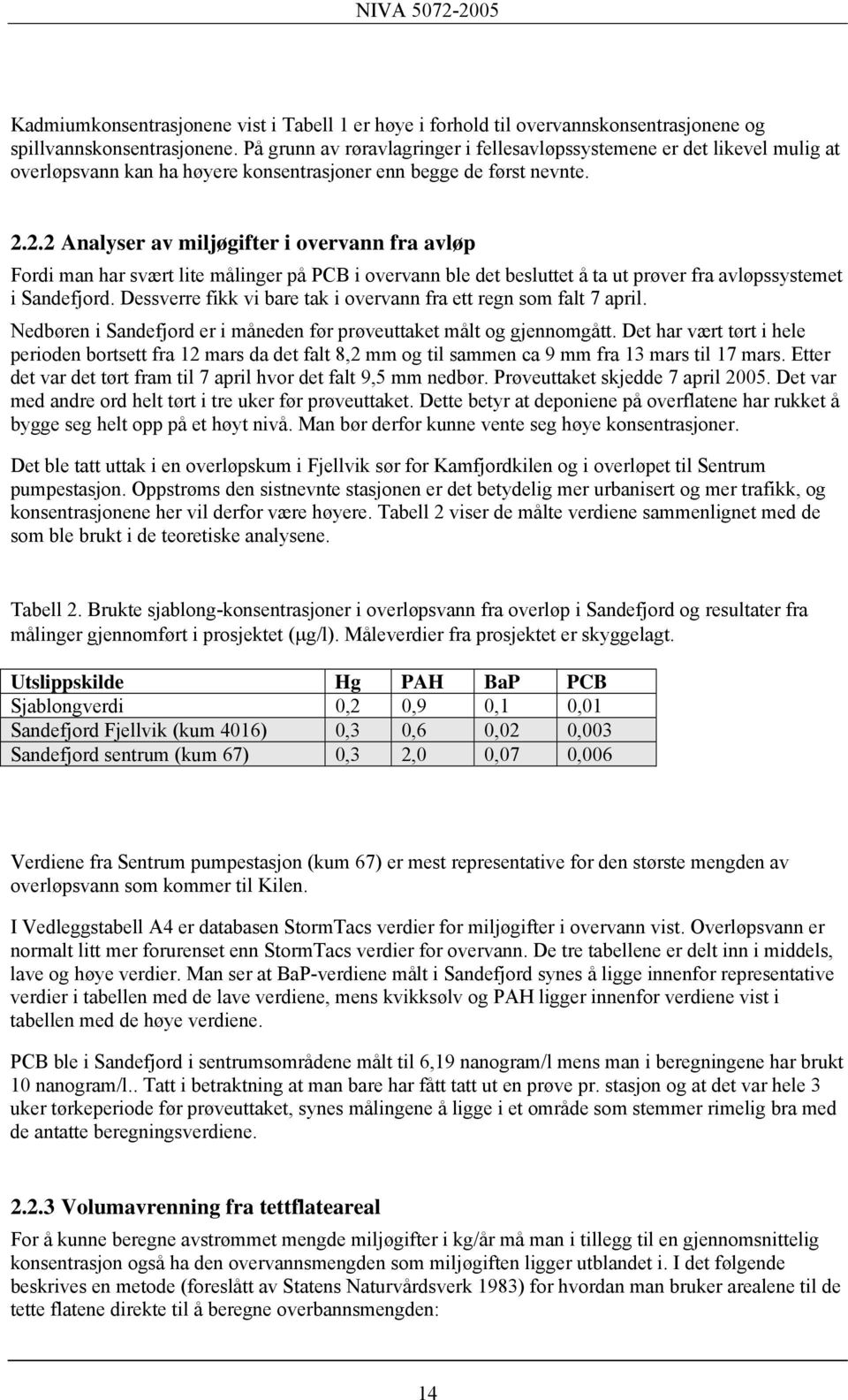 2.2 Analyser av miljøgifter i overvann fra avløp Fordi man har svært lite målinger på PCB i overvann ble det besluttet å ta ut prøver fra avløpssystemet i Sandefjord.