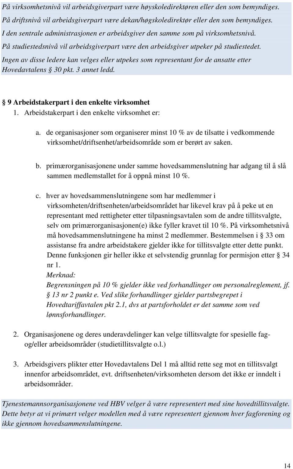 Ingen av disse ledere kan velges eller utpekes som representant for de ansatte etter Hovedavtalens 30 pkt. 3 annet ledd. 9 Arbeidstakerpart i den enkelte virksomhet 1.