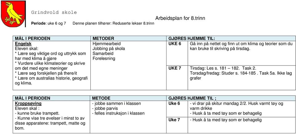 UKE 7 Tirsdag: Les s. 181 182. Task 2. Torsdag/fredag: Studer s. 184-185. Task 5a. Ikke lag grafer Kroppsøving - kunne bruke trampett.