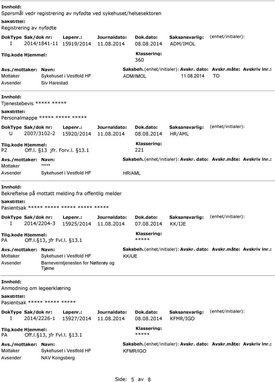 jfr. Forv.l. 13.1 Mottaker Bekreftelse på mottatt melding fra offentlig melder Pasientsak 2014/2204-3 15925/2014 07.08.