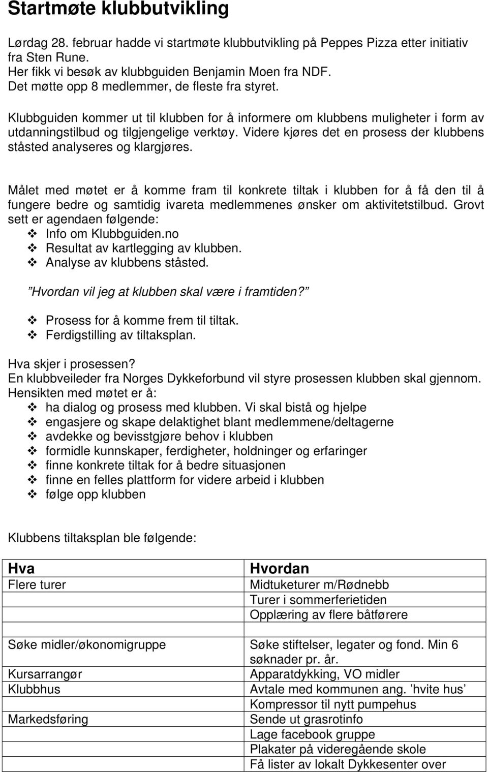 Videre kjøres det en prosess der klubbens ståsted analyseres og klargjøres.