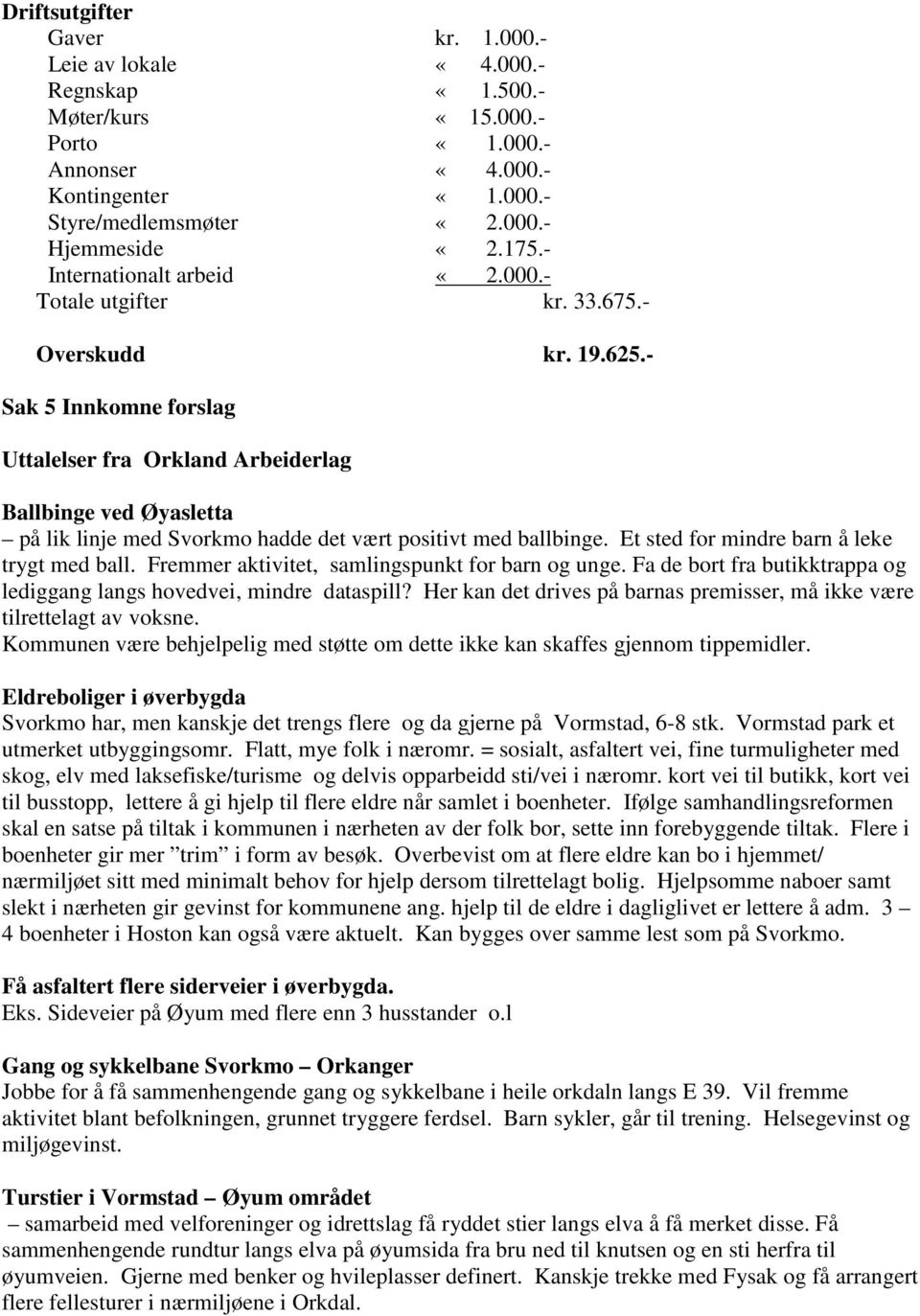 - Sak 5 Innkomne forslag Uttalelser fra Orkland Arbeiderlag Ballbinge ved Øyasletta på lik linje med Svorkmo hadde det vært positivt med ballbinge. Et sted for mindre barn å leke trygt med ball.