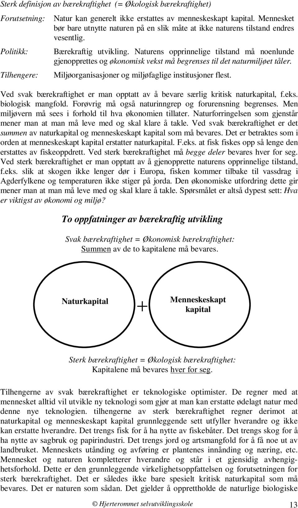 Naturens opprinnelige tilstand må noenlunde gjenopprettes og økonomisk vekst må begrenses til det naturmiljøet tåler. Miljøorganisasjoner og miljøfaglige institusjoner flest.