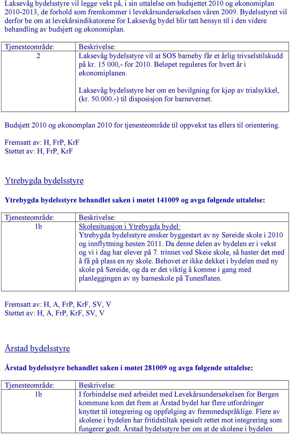 Tjenesteområde: Beskrivelse: 2 Laksevåg bydelsstyre vil at SOS barneby får et årlig trivselstilskudd på kr. 15 000,- for 2010. Beløpet reguleres for hvert år i økonomiplanen.