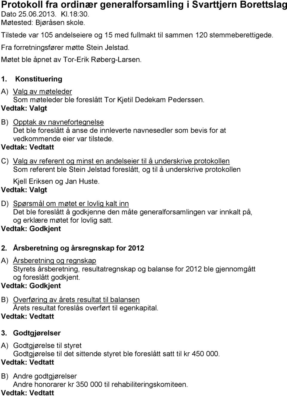 Vedtak: Valgt B) Opptak av navnefortegnelse Det ble foreslått å anse de innleverte navnesedler som bevis for at vedkommende eier var tilstede.