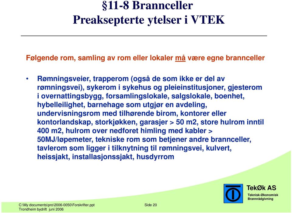 tilhørende birom, kontorer eller kontorlandskap, storkjøkken, garasjer > 50 m2, store hulrom inntil 400 m2, hulrom over nedforet himling med kabler > 50MJ/løpemeter, tekniske rom som