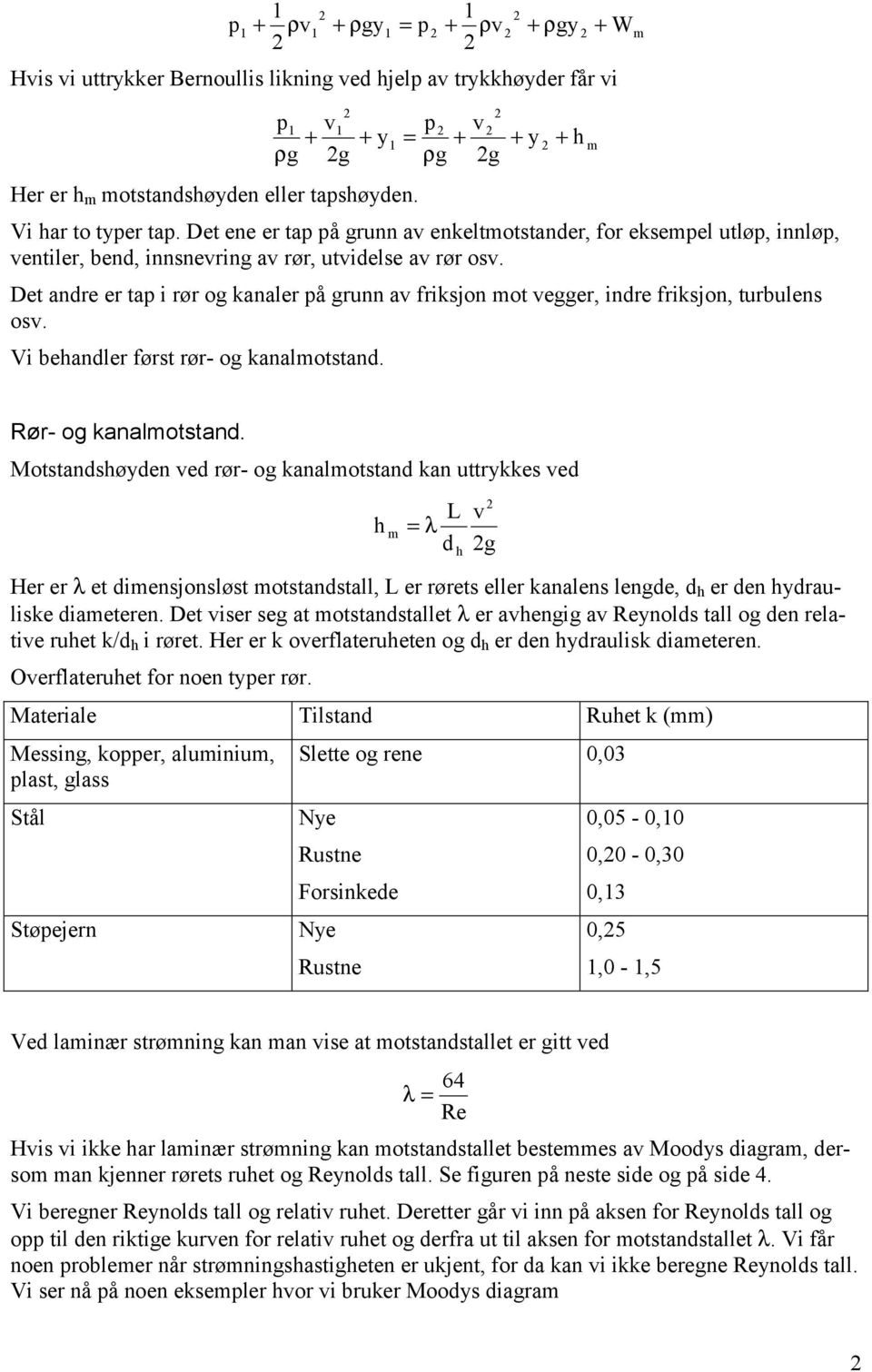 Vi beanler ført rør- og kanalottan. g Rør- og kanalottan. Mottanøyen e rør- og kanalottan kan uttrykke e λ Her er λ et ienjonløt ottantall, er røret eller kanalen lenge, er en yraulike iaeteren.