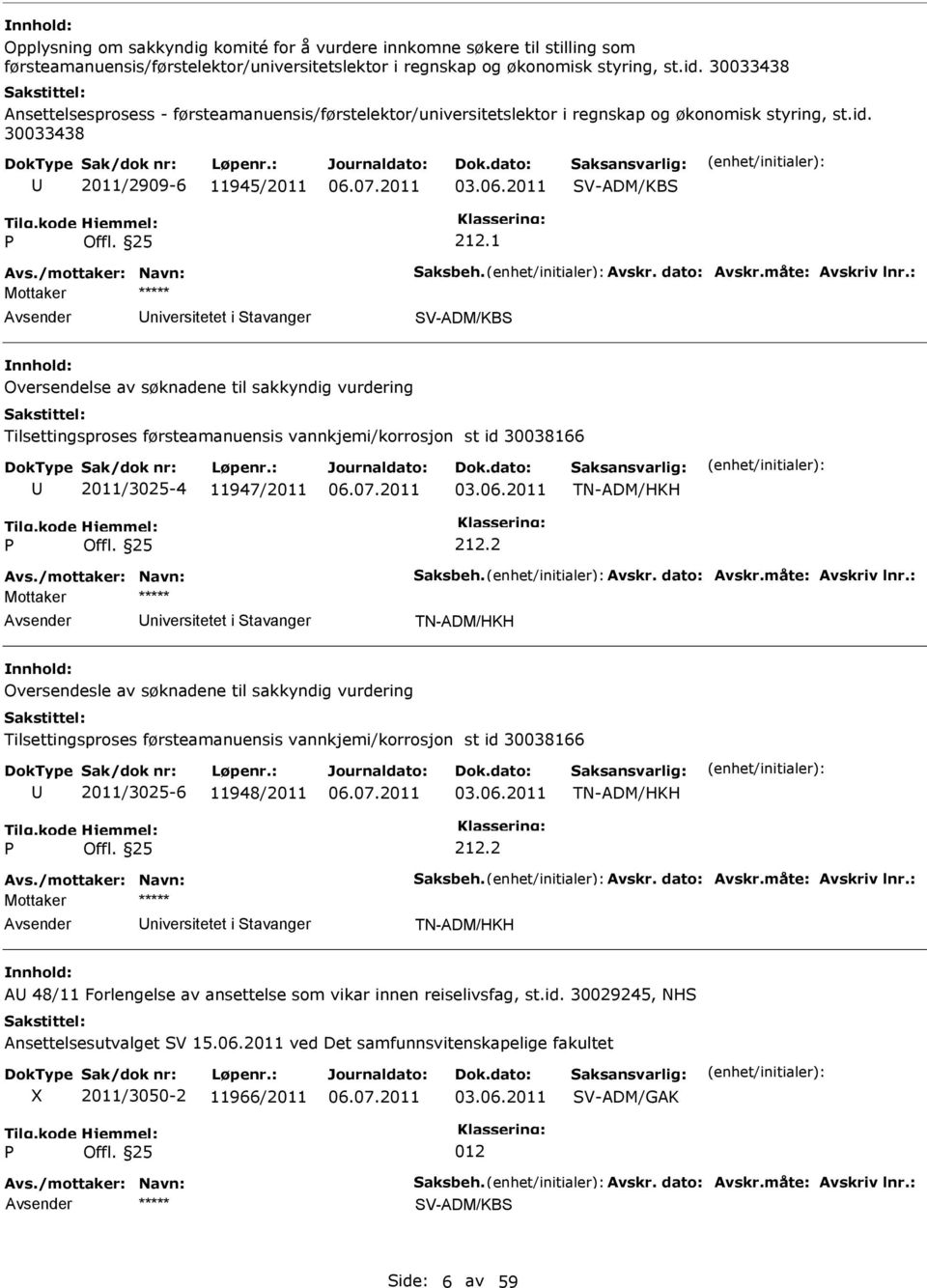 1 niversitetet i tavanger V-ADM/KB Oversendelse av søknadene til sakkyndig vurdering Tilsettingsproses førsteamanuensis vannkjemi/korrosjon st id 30038166 2011/3025-4 11947/2011 03.06.