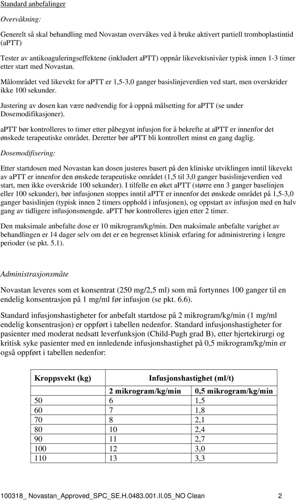 Justering av dosen kan være nødvendig for å oppnå målsetting for aptt (se under Dosemodifikasjoner).