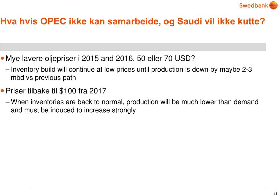 2-3 mbd vs previous path Priser tilbake til $100 fra 2017 When inventories i