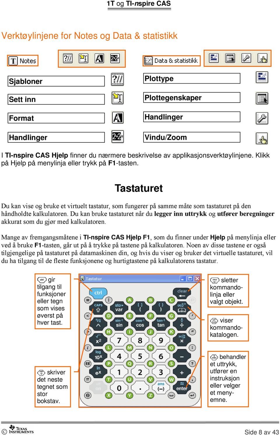 Tastaturet Du kan vise og bruke et virtuelt tastatur, som fungerer på samme måte som tastaturet på den håndholdte kalkulatoren.