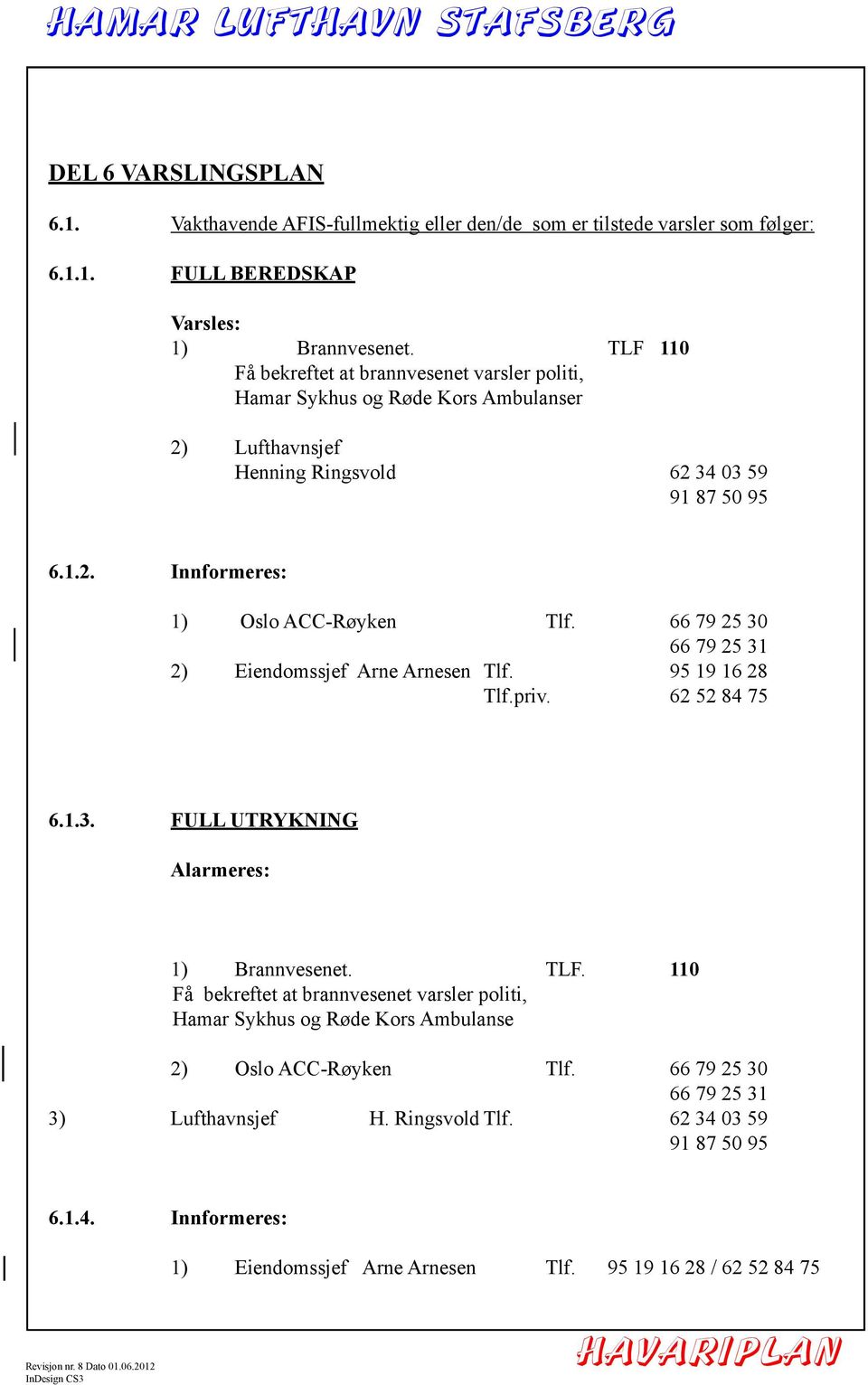 66 79 25 30 66 79 25 31 2) Eiendomssjef Arne Arnesen Tlf. 95 19 16 28 Tlf.priv. 62 52 84 75 6.1.3. FULL UTRYKNING Alarmeres: 1) Brannvesenet. TLF.