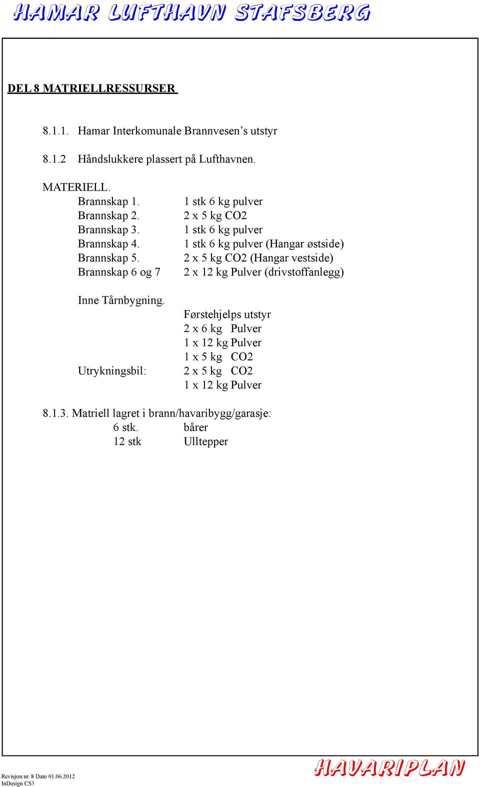 Utrykningsbil: 1 stk 6 kg pulver 2 x 5 kg CO2 1 stk 6 kg pulver 1 stk 6 kg pulver (Hangar østside) 2 x 5 kg CO2 (Hangar vestside) 2 x 12 kg