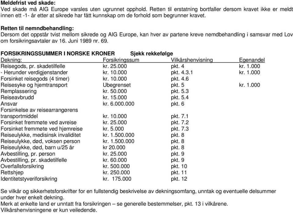 Retten til nemndbehandling: Dersom det oppstår tvist mellom sikrede og AIG Europe, kan hver av partene kreve nemdbehandling i samsvar med Lov om forsikringsavtaler av 16. Juni 1989 nr. 69.