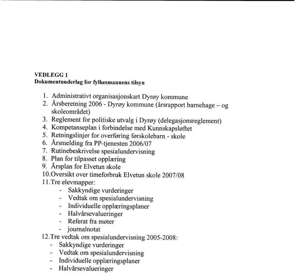 Årsmelding fra PP-tjenesten 2006/07 7. Rutinebeskrivelse spesialundervisning 8. Plan for tilpasset opplæring 9. Årsplan for Elvetun skole 10.Oversikt over timeforbruk Elvetun skole 2007/08 11.